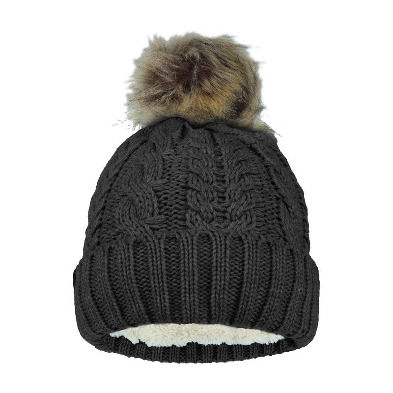 Timberland Women’s Cable Knit Faux Fur Pom Beanie - Soft Winter Hat, Ribbed Cuff, Warm Lining, Stylish Cozy Cold Weather Wear, Black, One Size