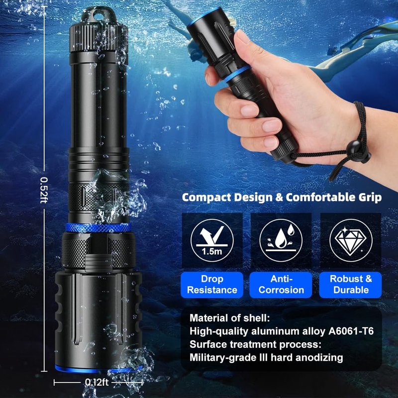 SHiLiPAi Scuba Diving Flashlight Dive Torch,High Lumens Rechargeable LED Flashlight, Underwater Scuba & Snorkeling Torch for Diving, Caving, and Emergency Use