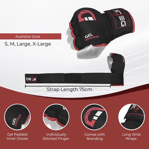 DEFY Padded Inner Boxing Gloves - Gel Padded Knuckle Protection | 75cm Long Strap for MMA & Muay Thai