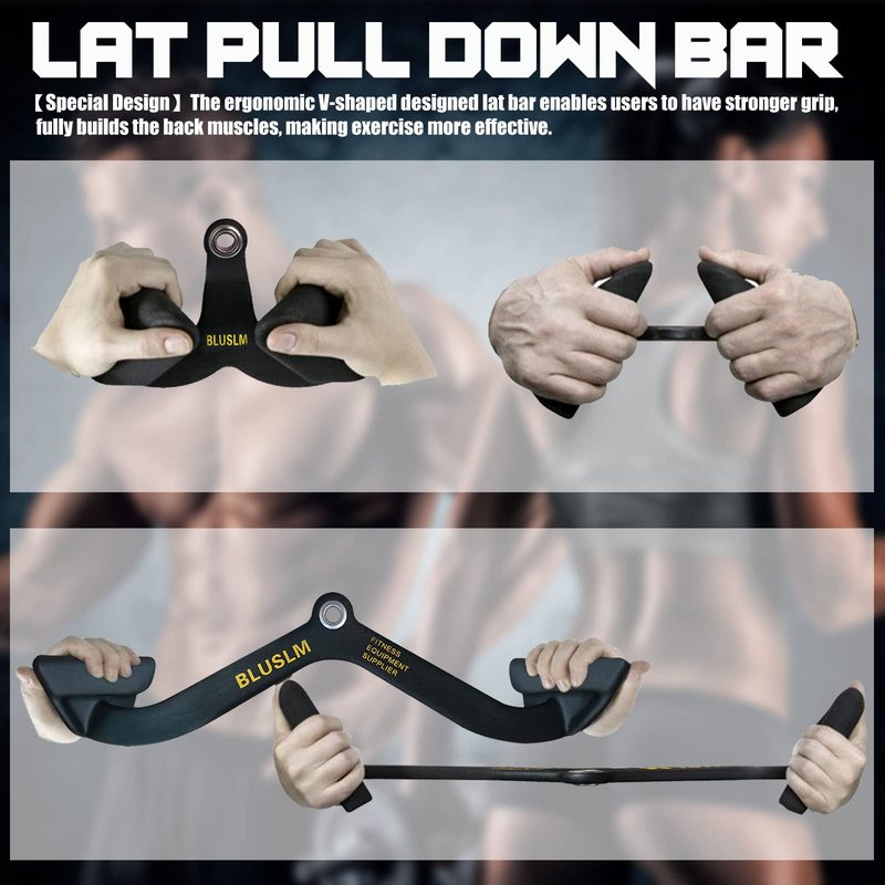 BLUSLM LAT Pull Down Bar for Cable Machine, LAT Pulldown Attachments T-bar V-bar Cable Attachment for Gym, Back Tricep Strength Training Handle (2 Pieces)