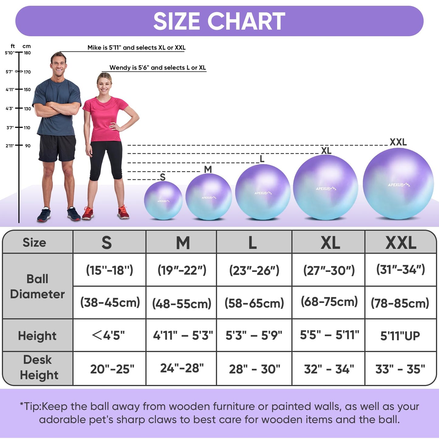 APEXUP Yoga Ball, 660 lbs Anti-Burst Exercise Ball with Pump, 5 Sizes (L(23"~26") 65cm, Blue Purple)
