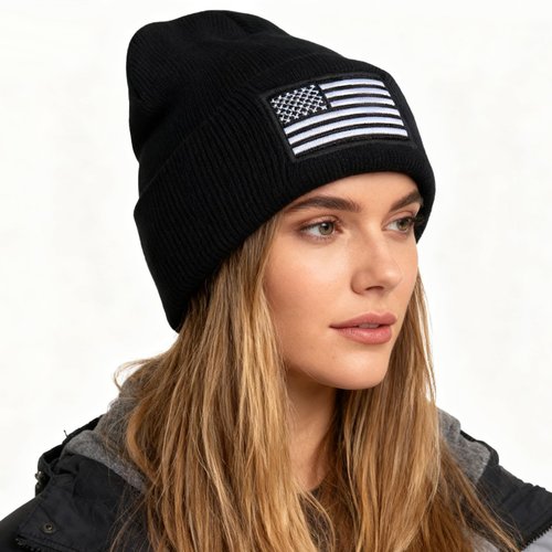 WTYPOPK American Flag Beanie for Men, 2 PCS American Flag Winter Hat, Unisex Tactical Beanie（Black and Grey）