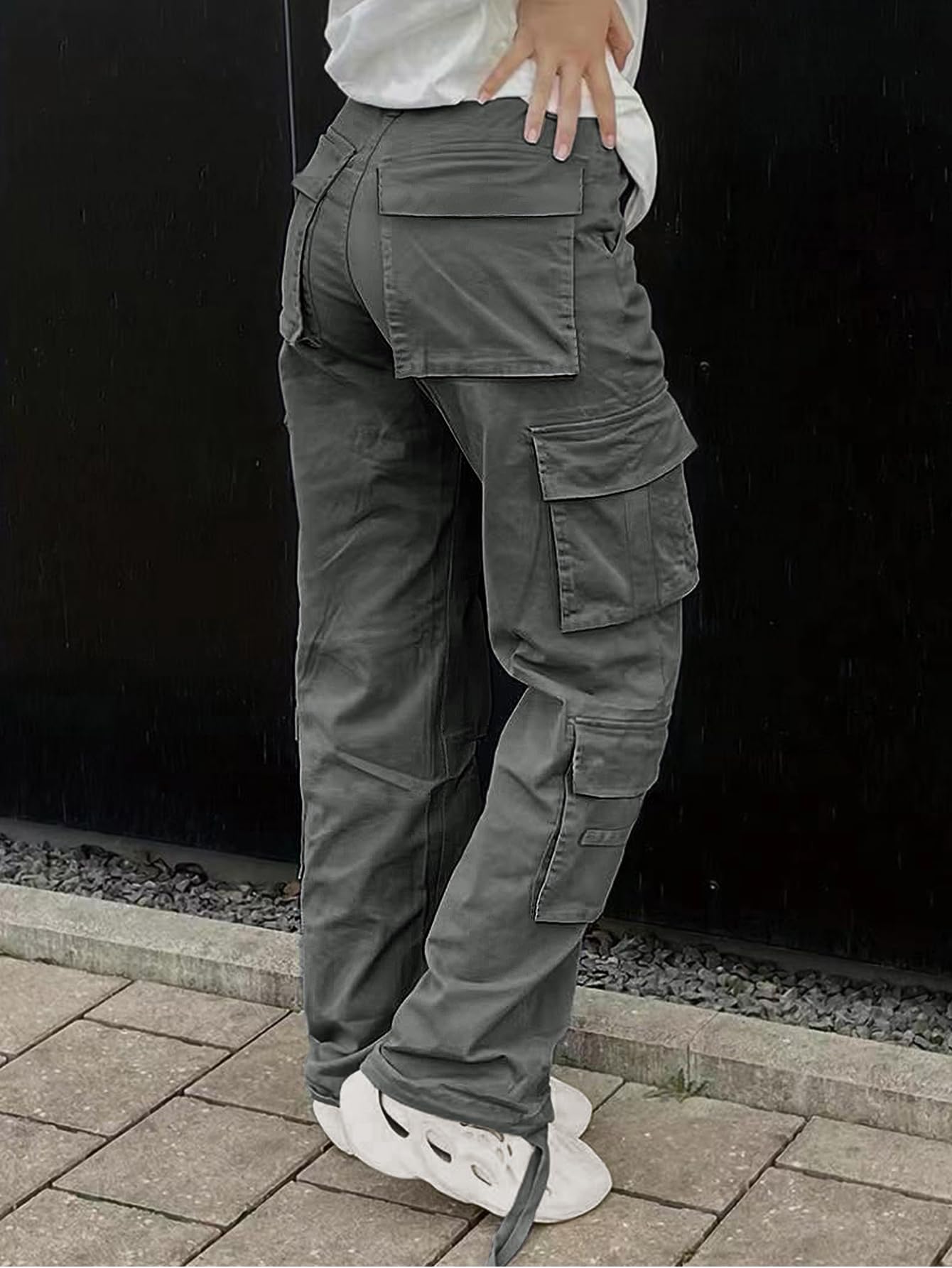 SDNGED Women's High Waisted Cargo Pants Travel Y2K Streetwear Baggy Stretchy Pants with Pockets Drawstring Ankle Cuffs Dark Grey