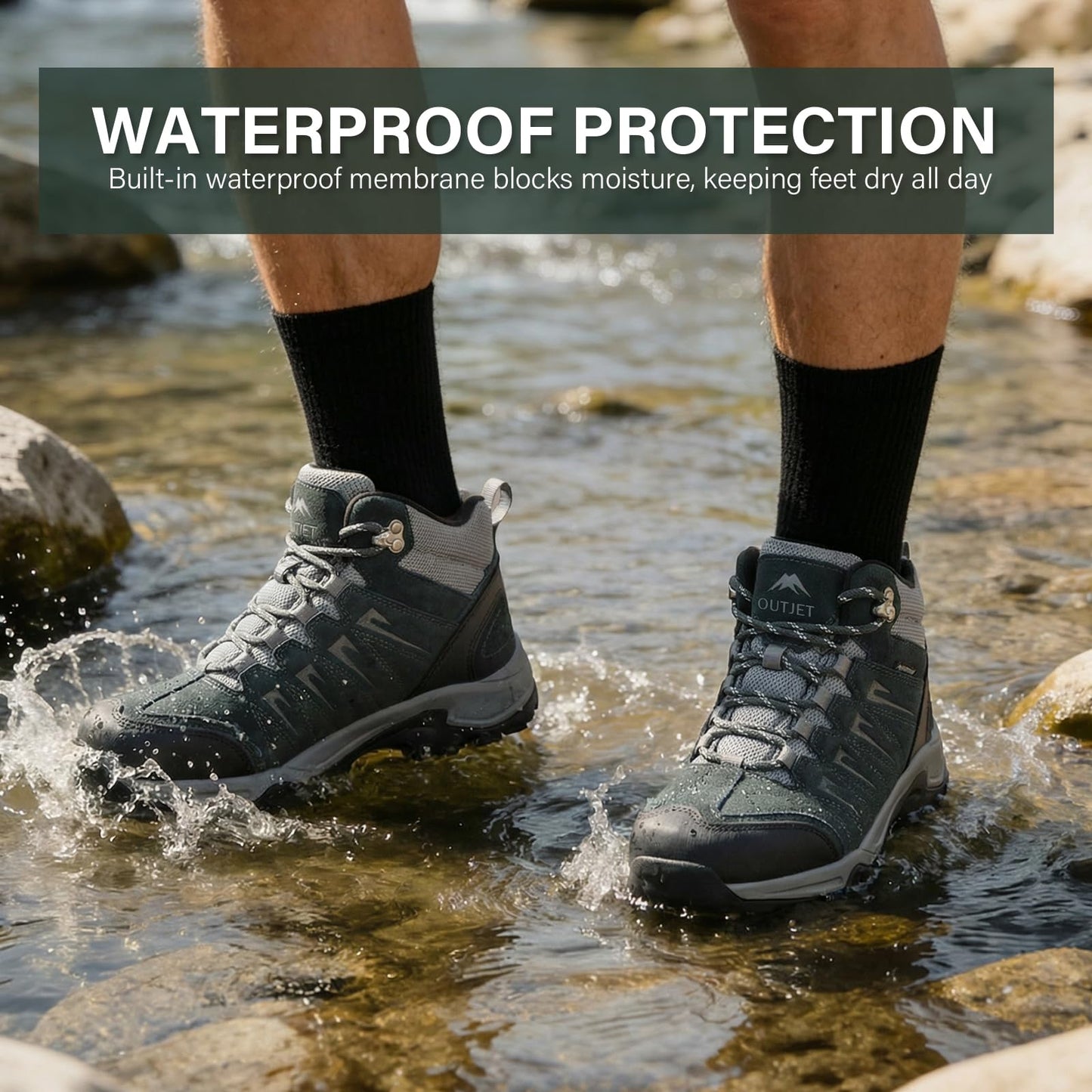 OUTJET Men's Waterproof Hiking Boots Lightweight Leather Mid Ankle Outdoor Trail Trekking shoes