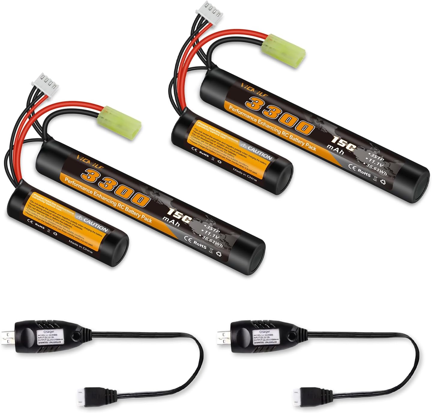 Skiennix 3300mAh Airsoft Battery - 11.1V Nunchuck Rechargeable for AEG AK47 M4 MP5 & More