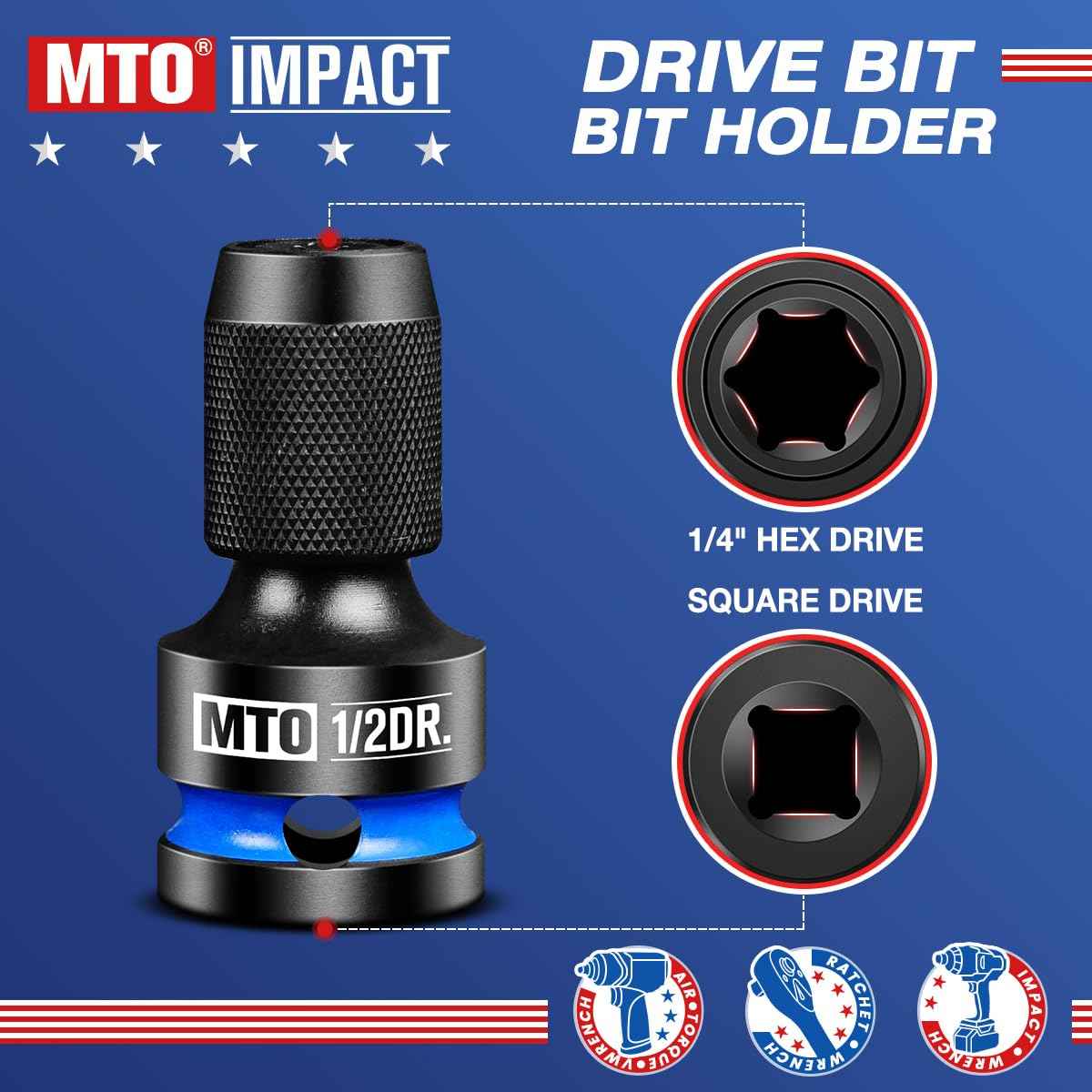 MTO 1/2 3/8 1/4-Inch Square Drive to 1/4-Inch Hex Socket Adapter, 3PCS Quick Release Impact Bit Holder, for Impact Wrench Ratchet, CR-MO