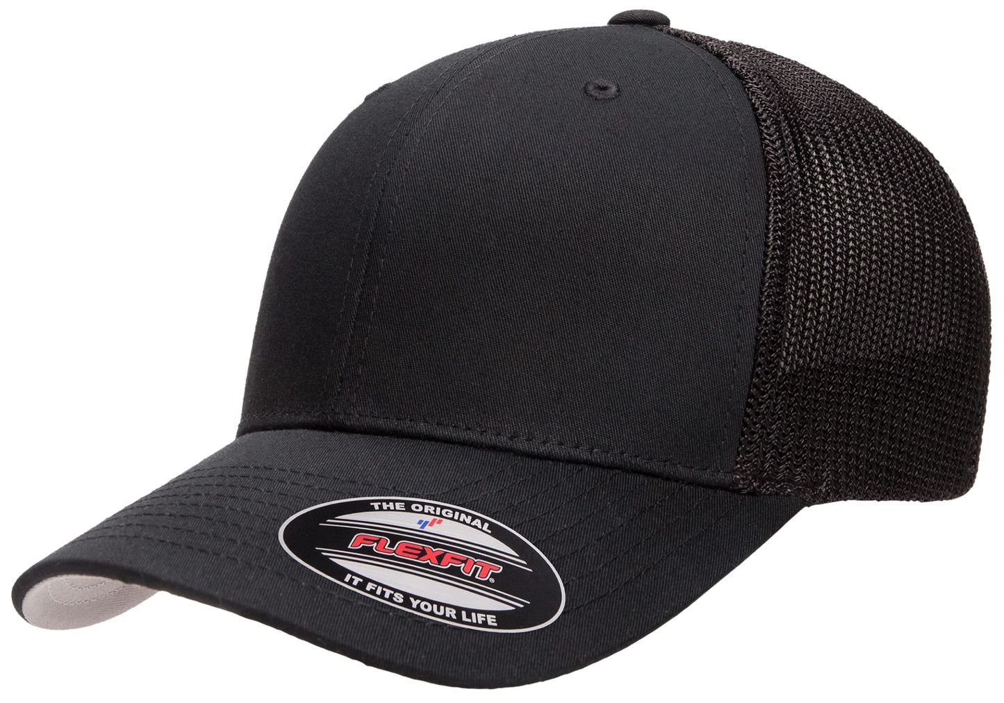 Flexfit 6511 Fitted Mid-Profile Stretchable Mesh Panels Trucker Cap | Bulk Pack Available (Black, L/XL)