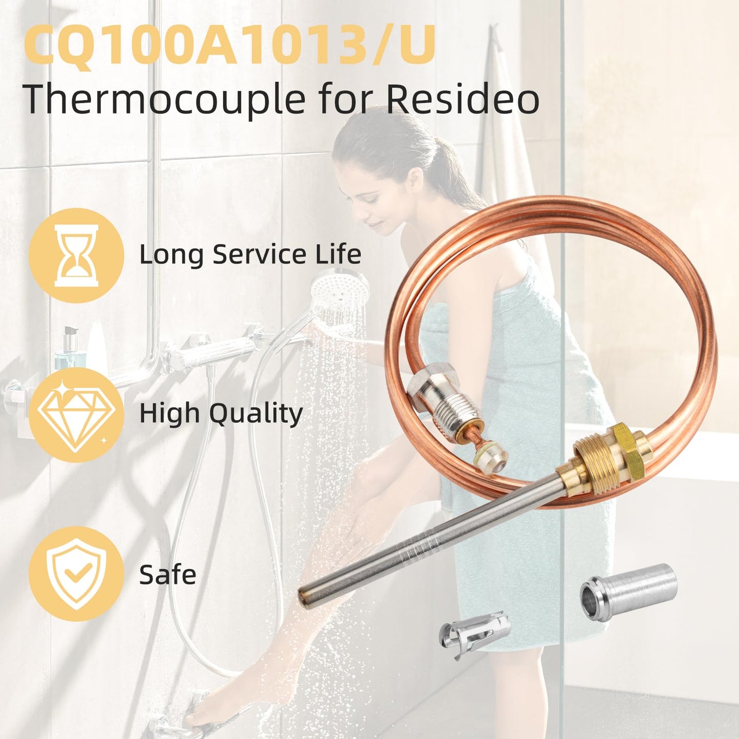 24 Inch Thermocouple for Resideo, CQ100A1013/U Water Heater Thermocouple, Gas Furnaces Thermocouple Fits Screw-in, Clamp-in ＆ Push-in Type Pilot Burners, Boiler Thermocouple Parts