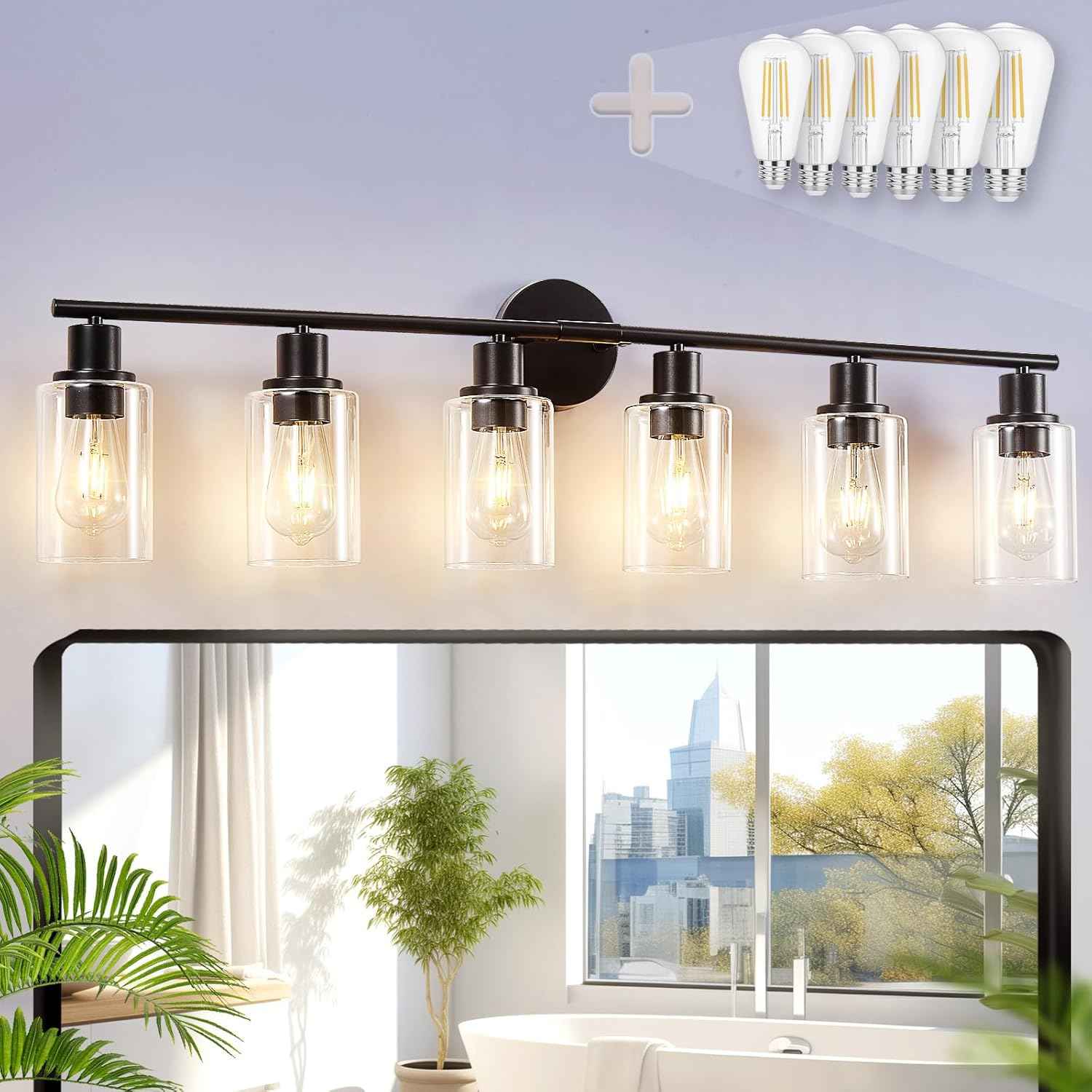 Modern Black 3-Light Bathroom Vanity Light Fixture with Clear Glass Shades - 2 Pack