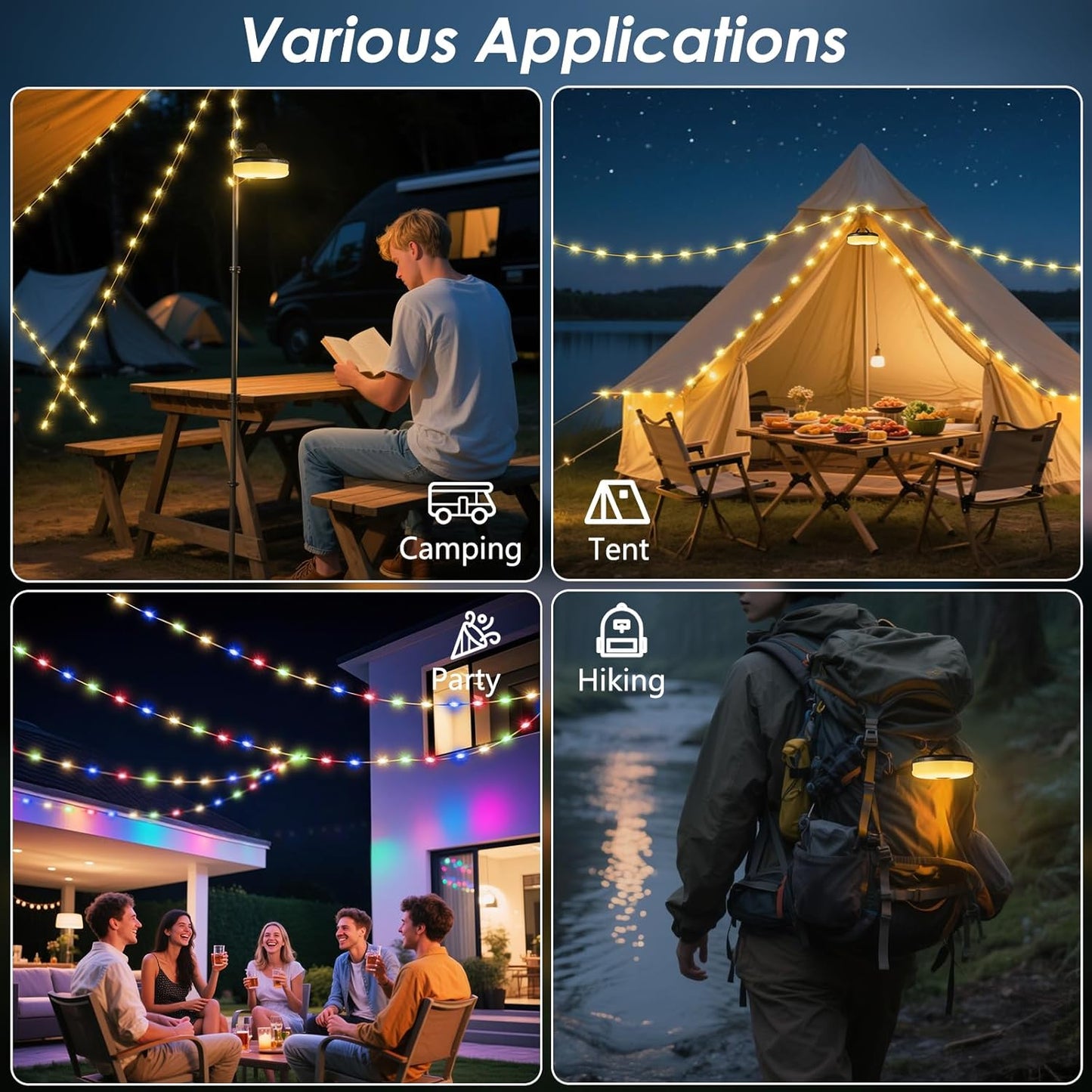 Camping String Lights 2-Pack - 32.8FT Waterproof LED Lanterns with 8 Modes for Tent & Outdoor Use