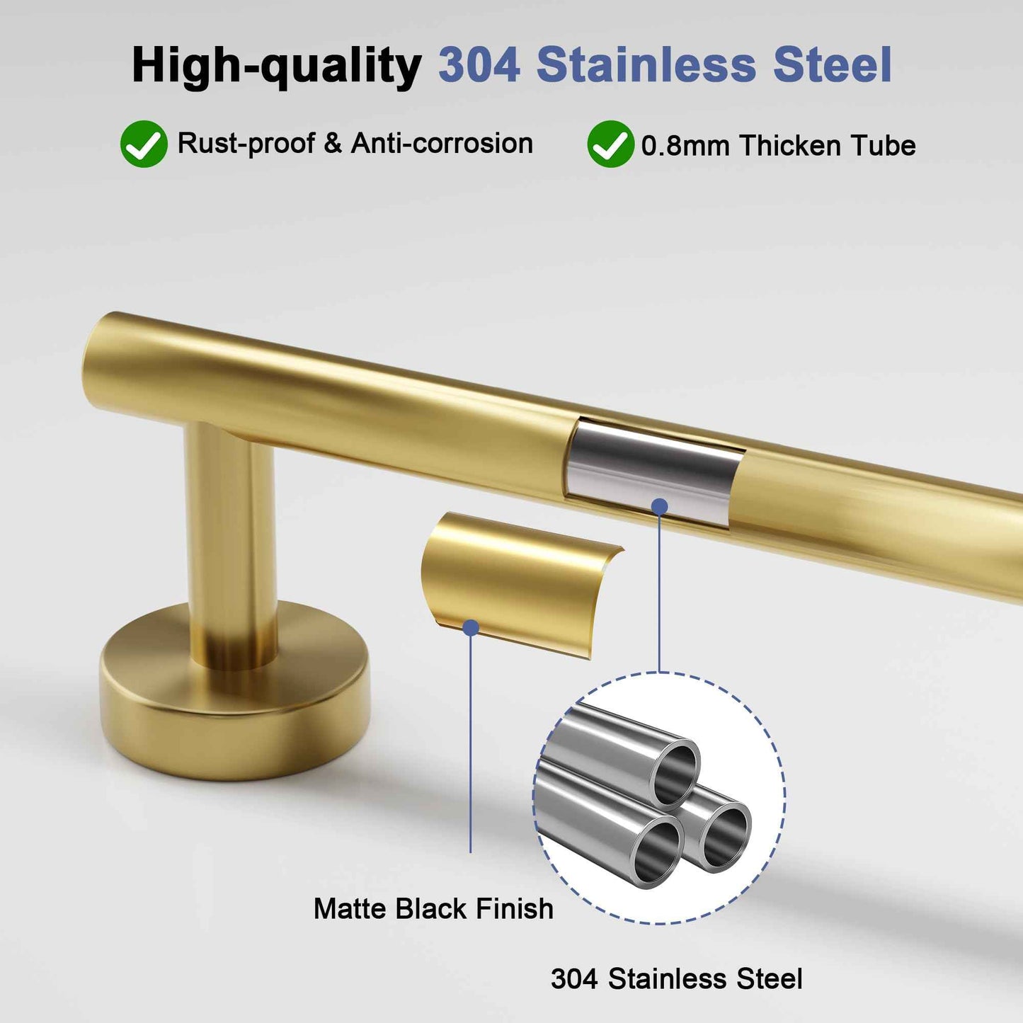 Brushed Gold Towel Bar, 18 Inch Towel Racks for Bathroom Wall Mounted, SUS304 Stainless Steel Bathroom Towel Holder, Total Length 20.4 Inch Towel Bars