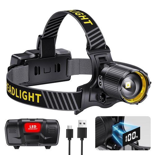 YNYS led headlamp Rechargeable Super Bright 90000 Lumen,60H Bright Headlights with Sensor&Digital Display, Zoomable,12 Modes,120°Adjustable,Waterproof Head lamp for Working Camping Fishing Hiking