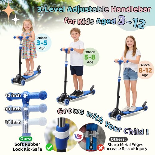 Kick Scooters for Kids 5-7 8-12,Lean to Steer,Three Wheeled Light Up,28"-32" Adjustable Handlebar,Widen Anti-Slip Deck,Floor Push Scooter for Boys Girls Ages 6-12 Old,Foldable for Travel - Blue