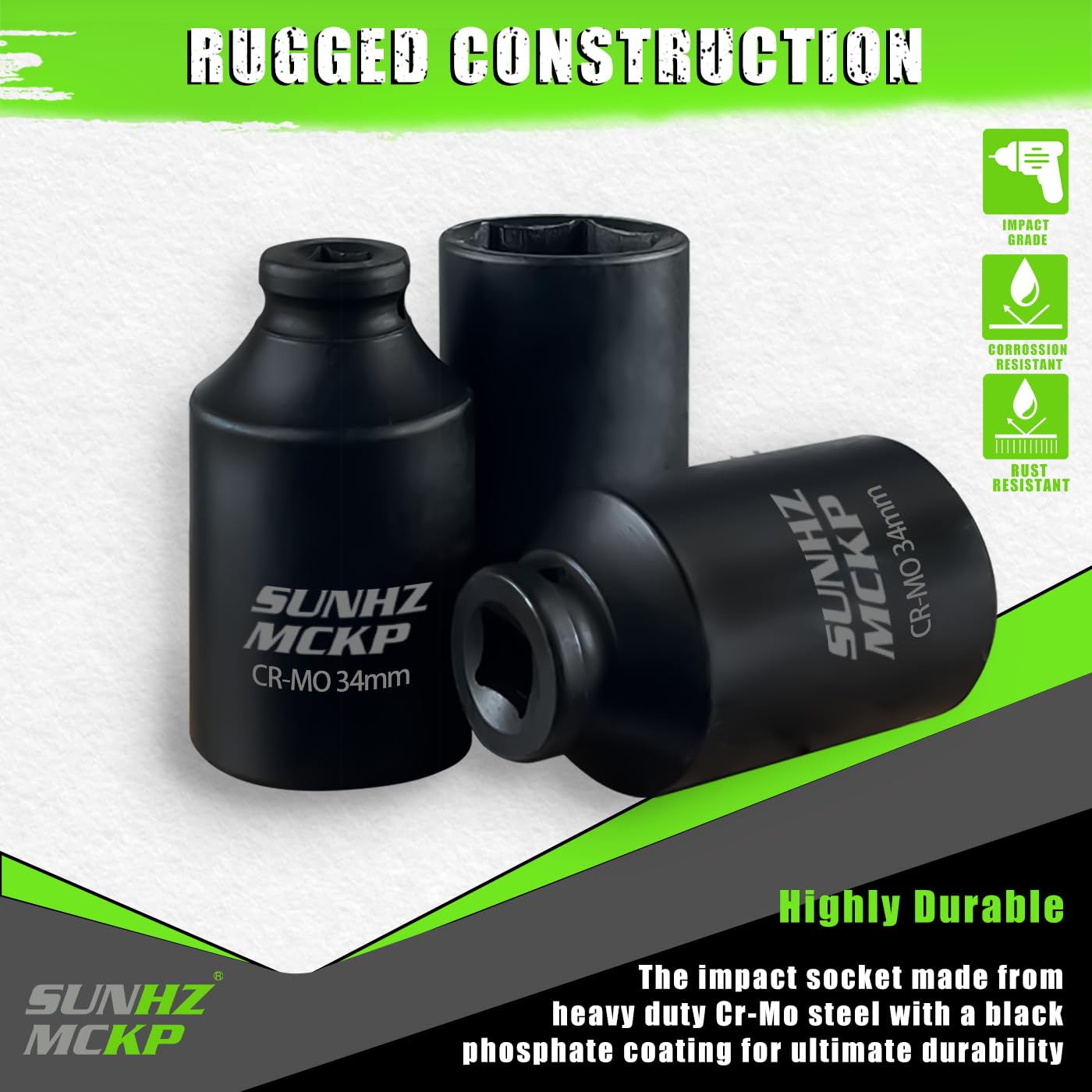 SUNHZMCKP 1/2 Inch Drive Impact Socket - Metric 34 mm Deep 6 Point CR-MO Axle Nut Impact Grade for Easy Removal