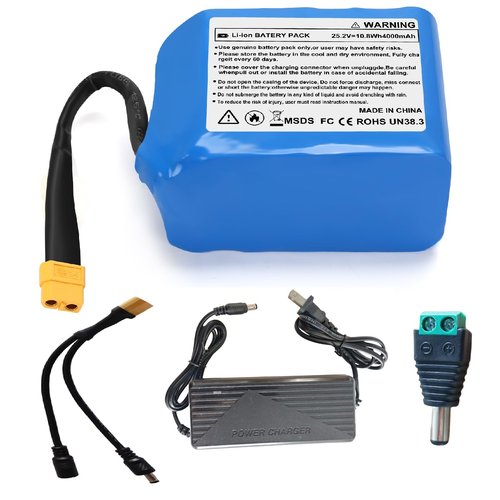 24V 4Ah Rechargeable Li Battery Replacement with Charger, DC5521 Male-Female Connectors & DC Cable - 15A Max Continuous Output for Kids Ride-On Cars, DIY Project & 25.2V Small Devices