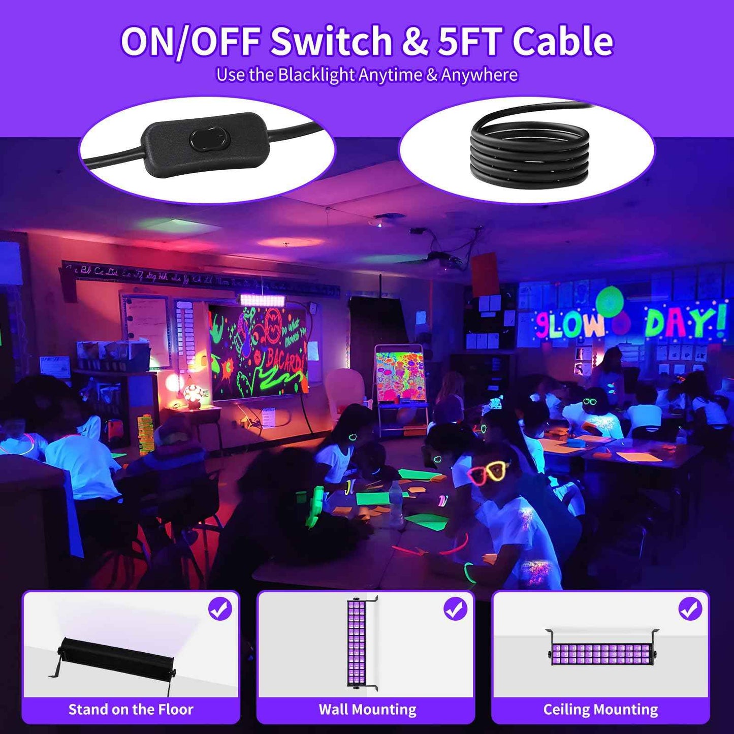 72W Black Light Bar IP66 Waterproof, LED Blacklight with Plug+Switch+5ft Cord, Outdoor Black lights with 108 LEDs, for Neon Glow in the Dark Party Halloween Decor Body Paint Fluorescent Poster, 3 Pack