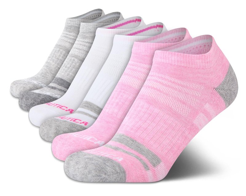 Nautica Womens Low Cut Socks - 6 Pack Breathable Mesh Cushioned Athletic Performance No Show Socks for Women, Size 4-10, Pink/White/Grey