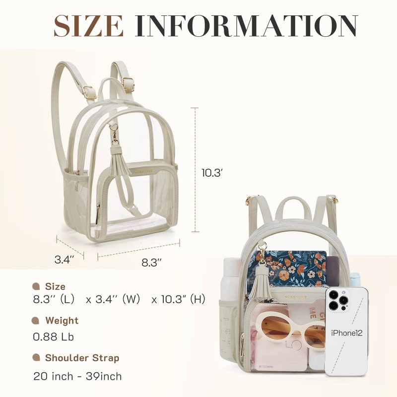 Missnine Small Clear Backpack Stadium Approved, Thick PVC Mini Clear Bag with Leather Trim for Sports Event, Concert, Festival