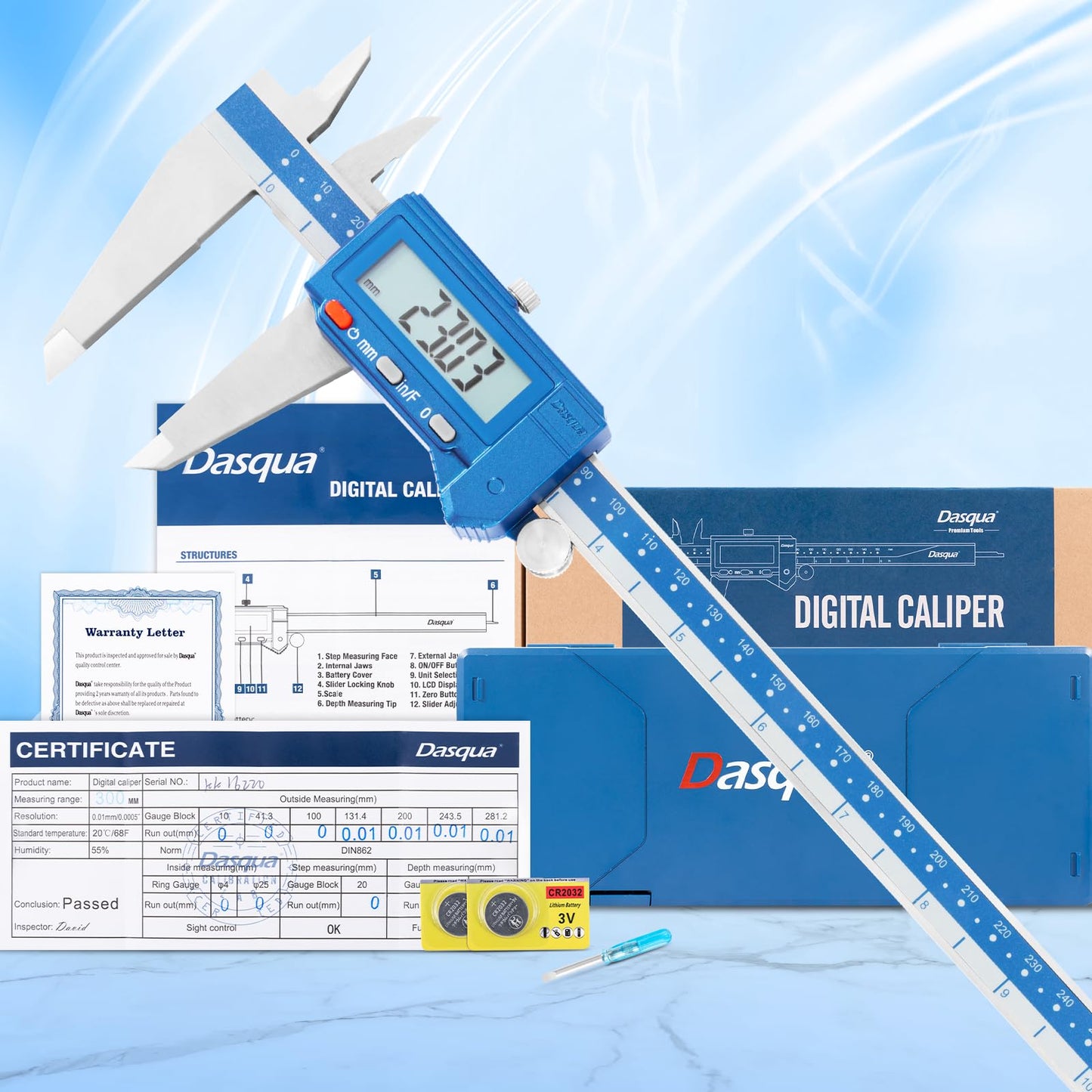 Dasqua Digital Caliper 12", IP54 Stainless Steel Water Resistant Caliper with Large LCD Display and Storage Case, Easy Switch Between Inch/Metric/Fraction, Accuracy 0.001'', Precision Measuring Tool
