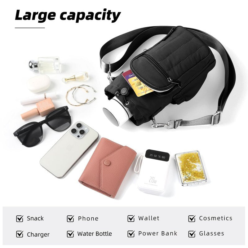 Rueesh Women Water Bottle Holder Bag with Adjustable Strap, Insulated Water Bottle Carrier RFID Crossbody Sling Bag for Hiking Walking Gym Travel,Black