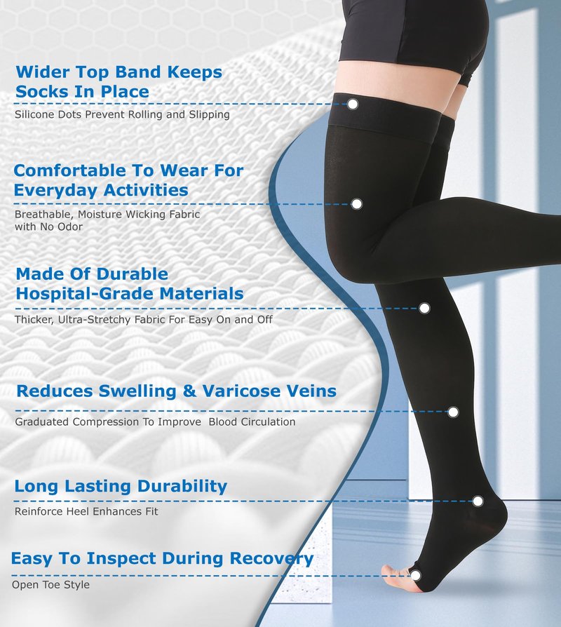 MGANG Medical Thigh High Compression Stockings for Men & Women, Pair, Open Toe, 20-30 mmHg Graduated Compression Support Hose, Opaque, Best for Varicose Veins, Edema, Flight, DVT, Swelling, Black XL