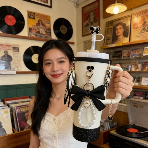 Stanley Cup Accessories Set for 40oz & 30oz Tumbler including Water Bottle Handle Strap、Bow Keychain、Cup Ring、Bling Silicone Boots、Butterfly Straw Topper、Charm Chain Accessories for Stanley Cup(Black)
