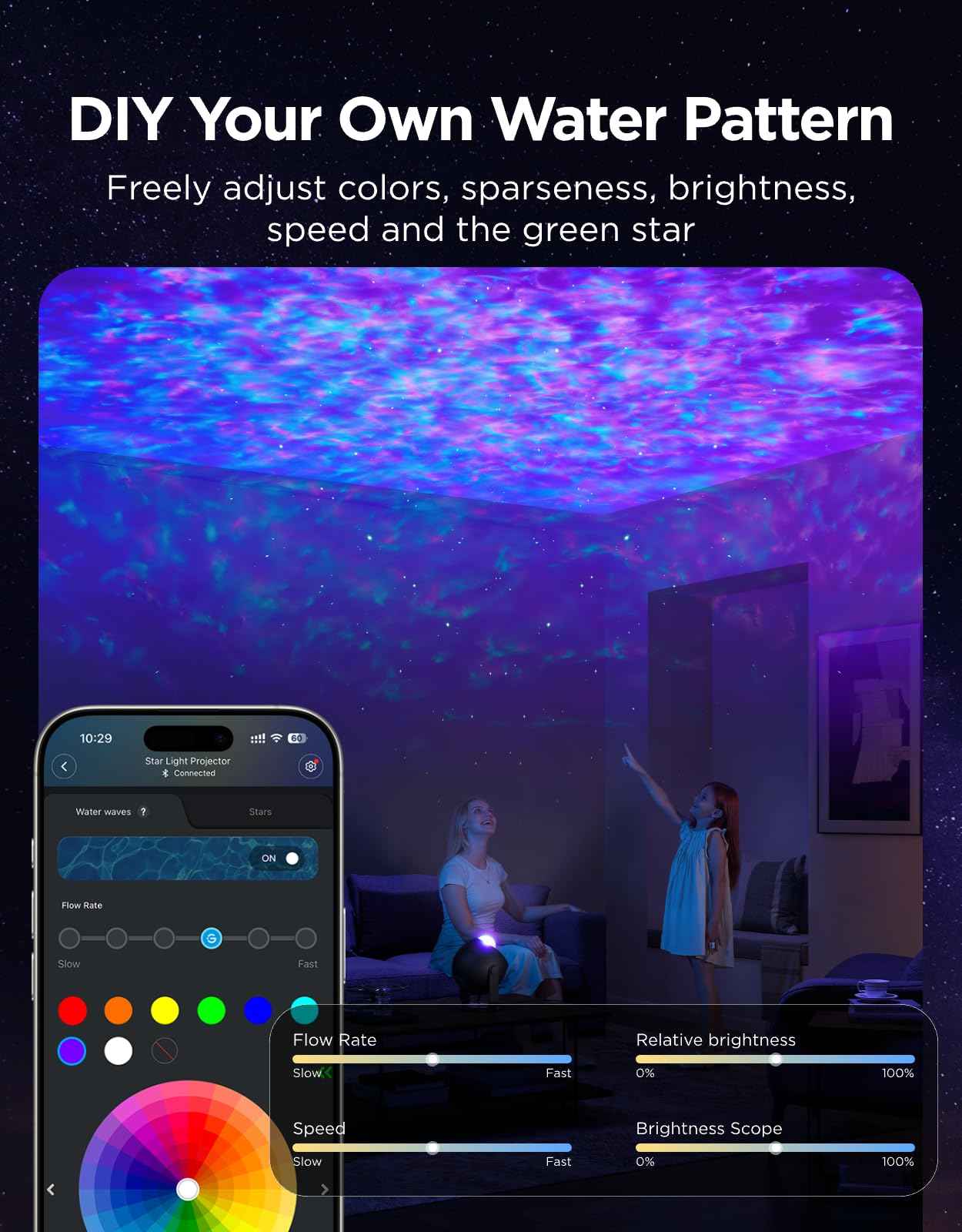 Govee Star Projector Light, Ocean Wave Projector Light with Dynamic Ripple Effects, Works with Matter, 40+ Scene Modes, 18 White Noise Options, LED Night Light for Bedroom (No Power Adapter)