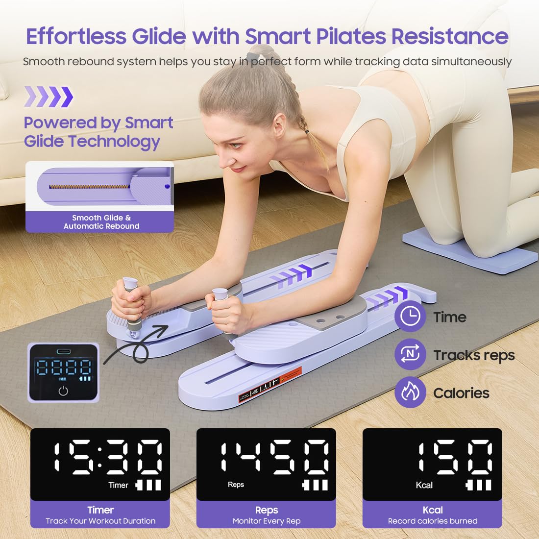 Pilates Reformer Board, Foldable Pilates Machine with Resistance Bands & Rebound System, Full Body Workout Equipment for Women at Home, Core Trainer for Abs, Glutes, Legs and Push-Ups, Timer Display