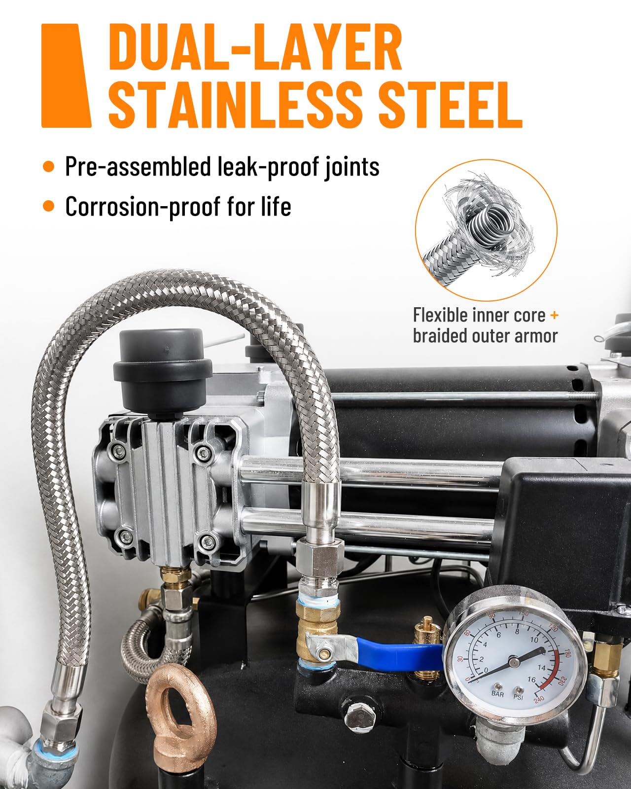 Turnirace 1/2" x 60" Air Compressor Jumper Hose Kit, Steel Braided NPT Air Hose with 1/2" Swivel Ends, Air Compressor Pump to Tank Line, 450 PSI 750°F Air Compressor Flex Hose