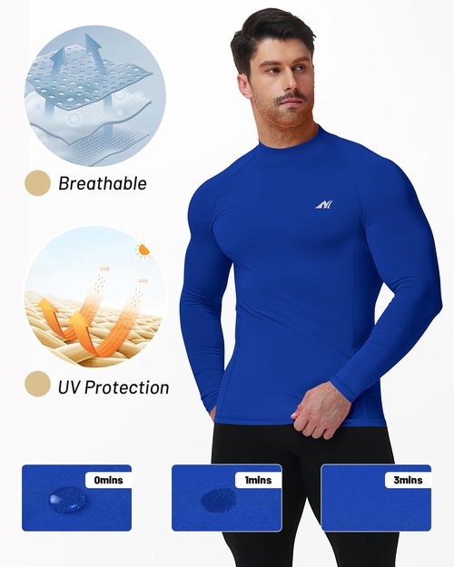 Nakuvara Compression Long Sleeve Shirts for Men, Mock Neck UPF 50+ Moisture Wicking Shirt, Cool Dry T-Shirt for Running Royal Blue