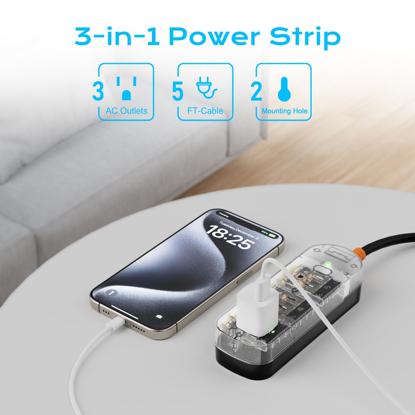 EIGSO Outdoor Power Strip Weatherproof, IPX6 Grade Waterproof Surge Protector with 3 AC Outlets, 5FT Heavy Duty Extension Cord for Indoor Outdoor, Crystal White