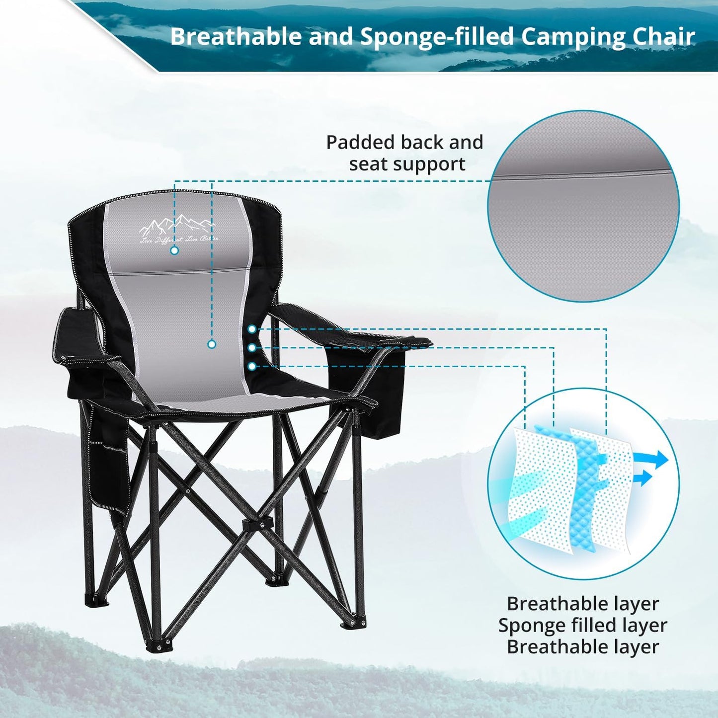 Skiennix Folding Camping Chairs - Heavy Duty Portable Lawn Chairs with Cooler Bag & Cup Holder | Supports 450lbs, Black - 2PCS Set