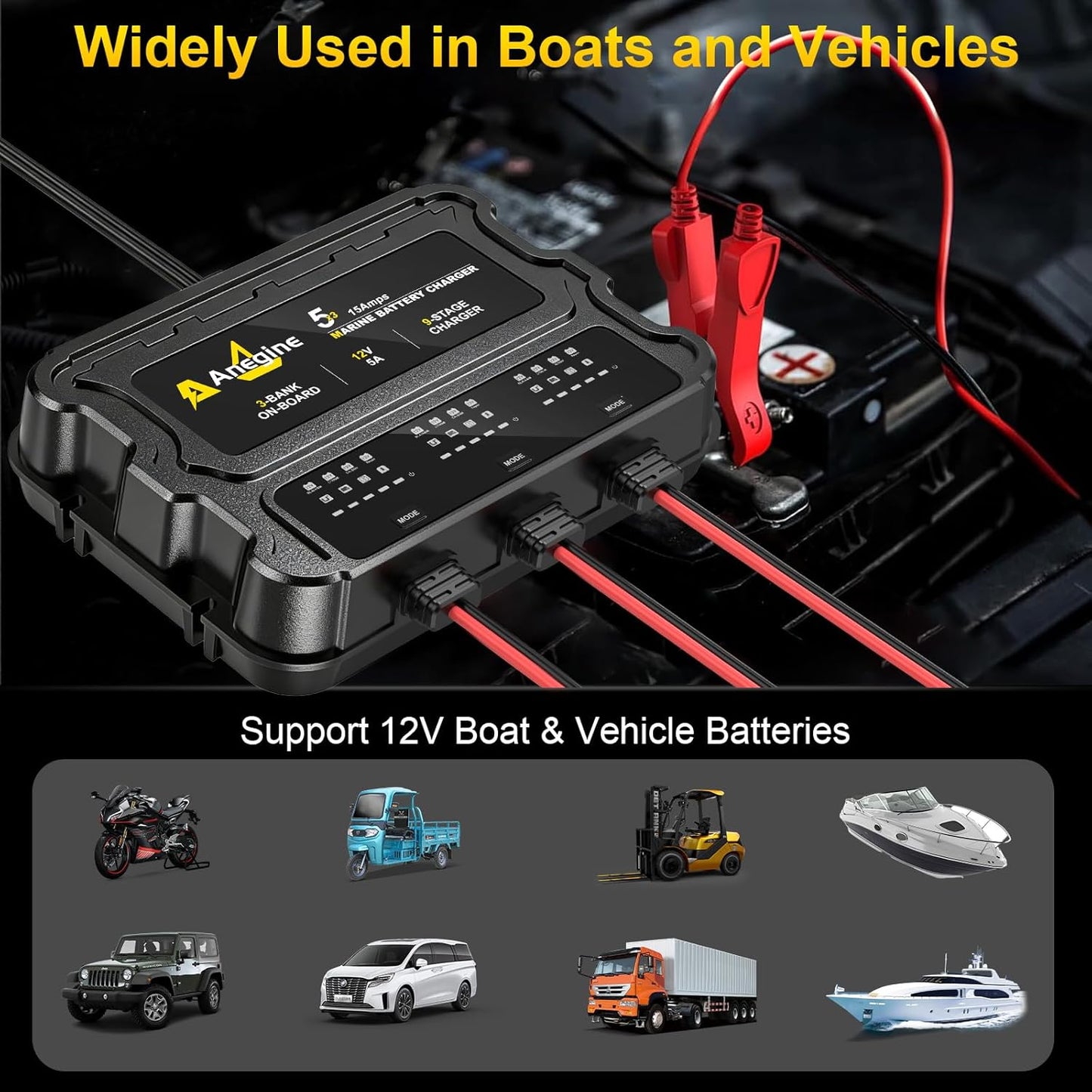 3 Bank Marine Battery Charger - 12V IP68 Waterproof LCD Onboard Charger with Overcharge Protection & Temperature Compensation for Lead-Acid, AGM, EFB, LiFePO4, Lithium | Ideal for Boat, Car, RV