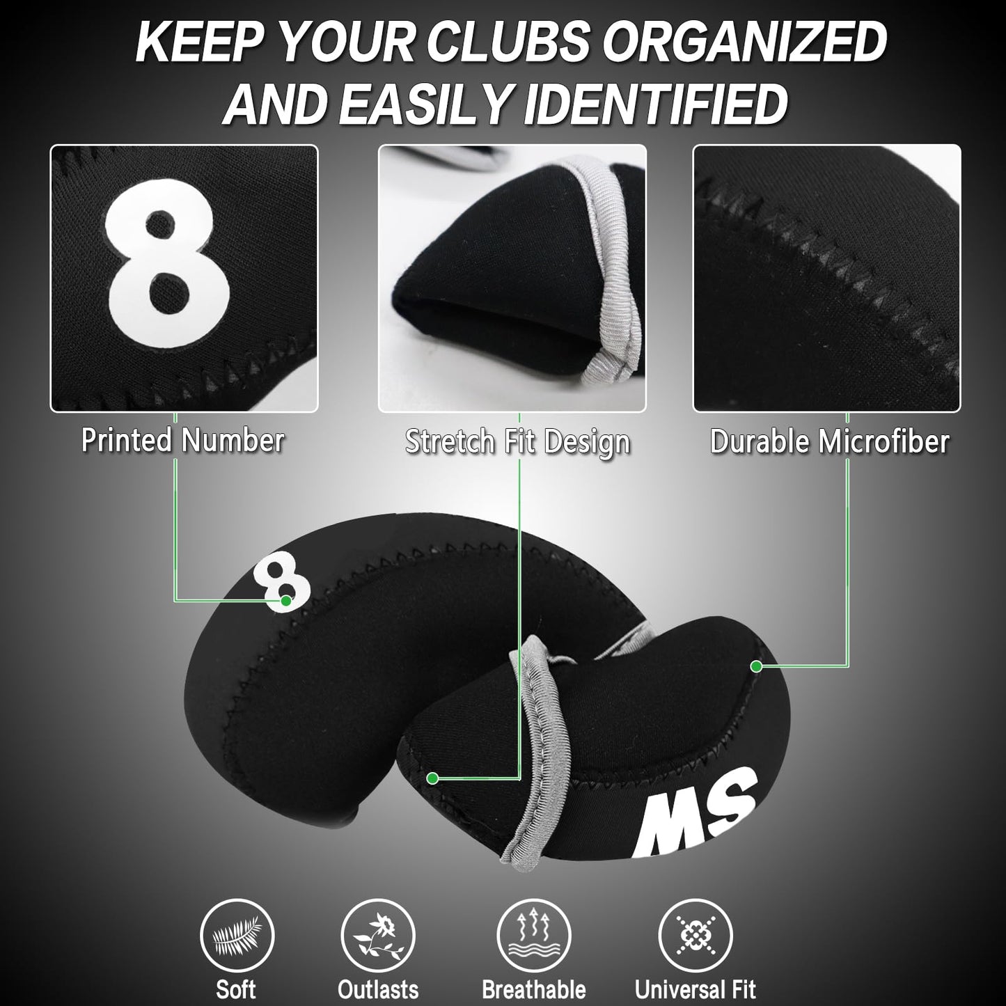 Golf Club Covers Set for Irons Neoprene Iron Head Cover Club Protector 10Pcs with/Without Top Window Accessories for Men Women (Black(Without Top Window))