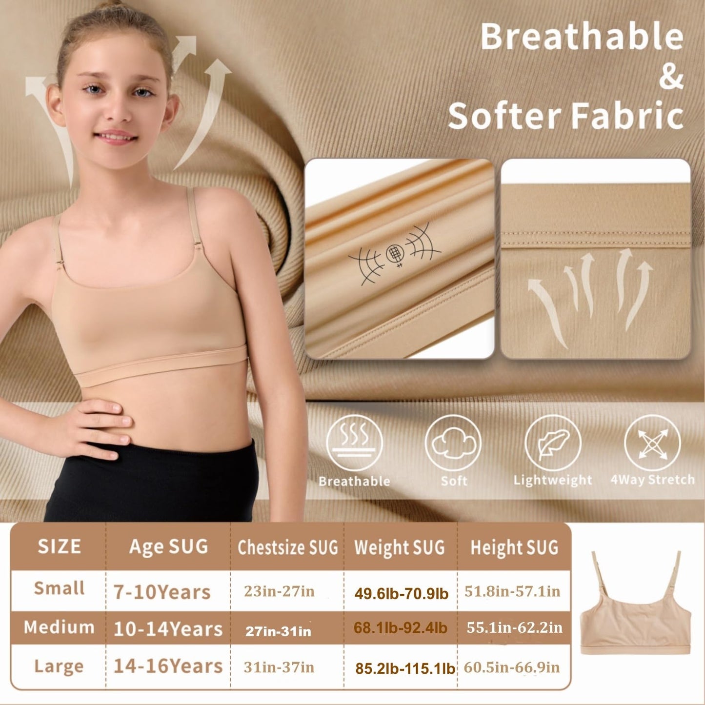 Sanstrong Dance Gymnastic Ballet Sport Bras for Girls Seamless Nude Trainning Sport Underwear Bra for Children Teens