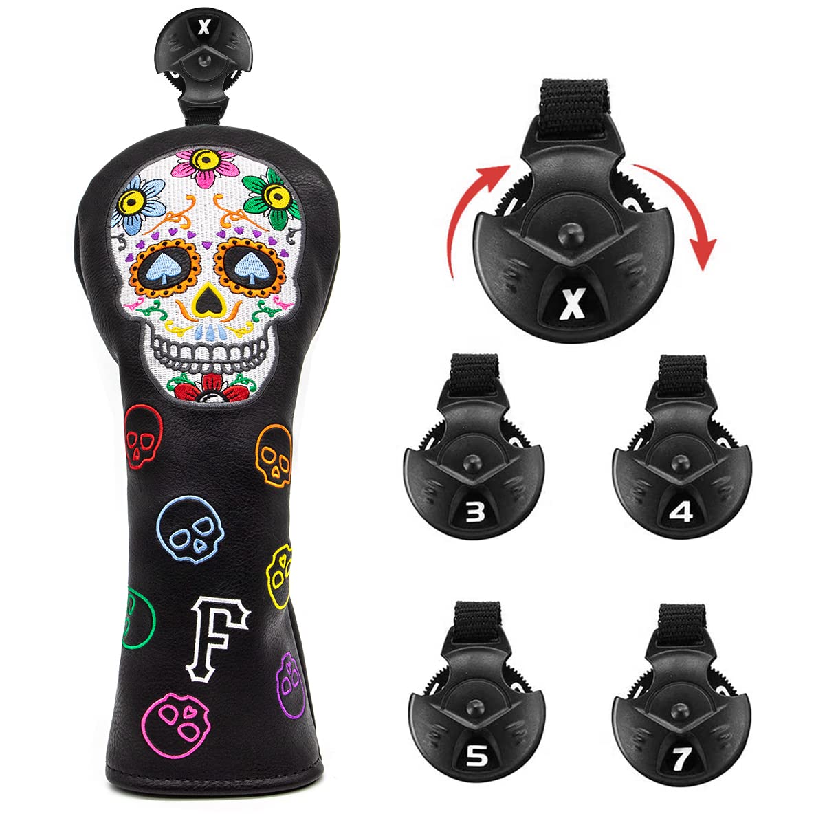 Montela Golf Club Covers,Colorful Skeleton Putter Cover Driver Covers Fairway Wood Headcover Hybrid Cover Leather Blade Putter Headcover Mallet for Brand
