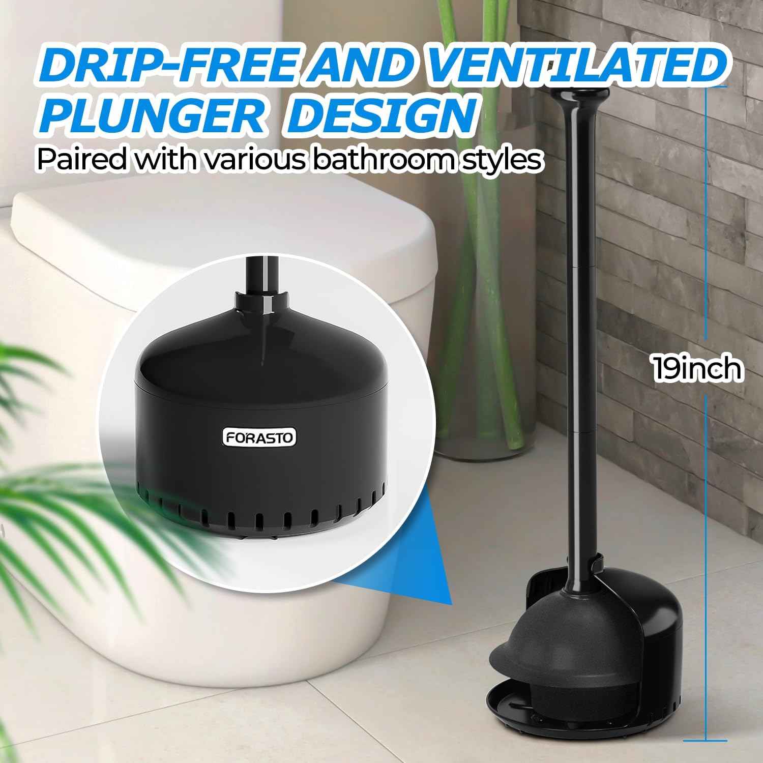 FORASTO 3Pack Toilet Plunger with Holder, Plungers for Bathroom with Holder, Toilet Plunger with Cover, Bathroom Plunger, Bathroom Decor, Toilet Bowl Cleaners, Bathroom Accessories, Black