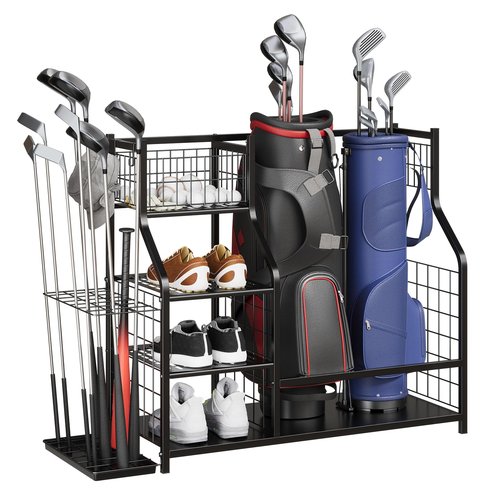 GarveeLife Golf Bag Organizer, Sports Equipment Organizer, Sports Organizer for Garage, Golf Bag Stand for Garage with Baskets, Hooks