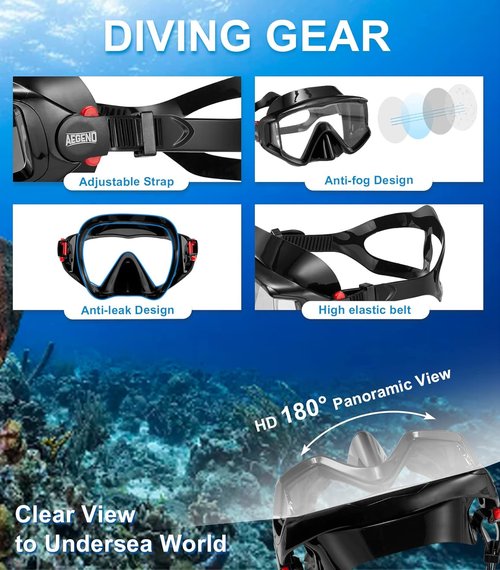 Aegend Snorkeling Gear - Panoramic Snorkel Mask with Top Dry Valve | Anti-Leak & Anti-Fog, Includes Mesh Bag