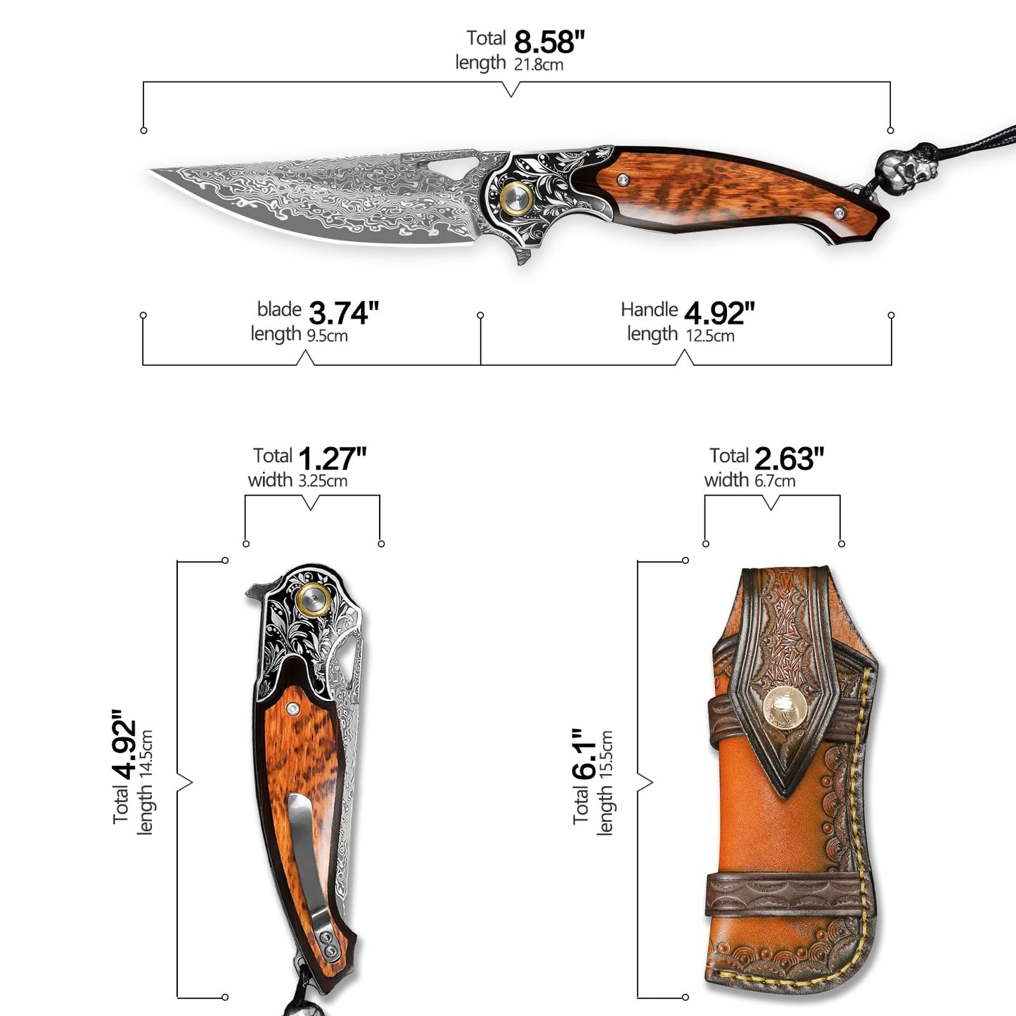Handmade Men's and Women's EDC Pocket Knife，Damascus Steel Folding Knife，Features a leather sheath and pocket clip.Non-slip wooden handle，For mountaineering trips, outdoor adventures, and jungle camping