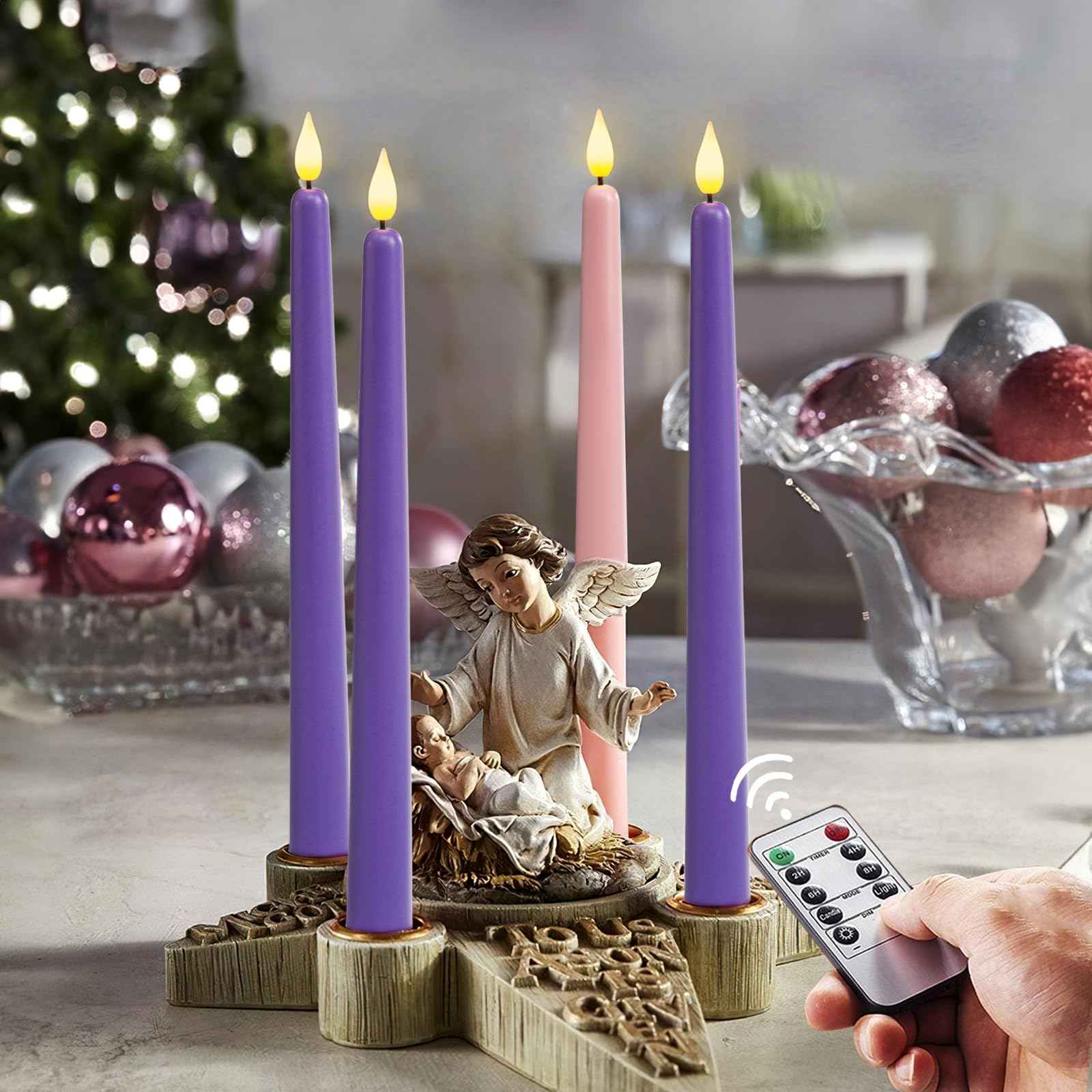 Homemory Battery-Operated LED Flickering Advent Candles, Set of 4 with Remote Timer - For Christmas Wreath