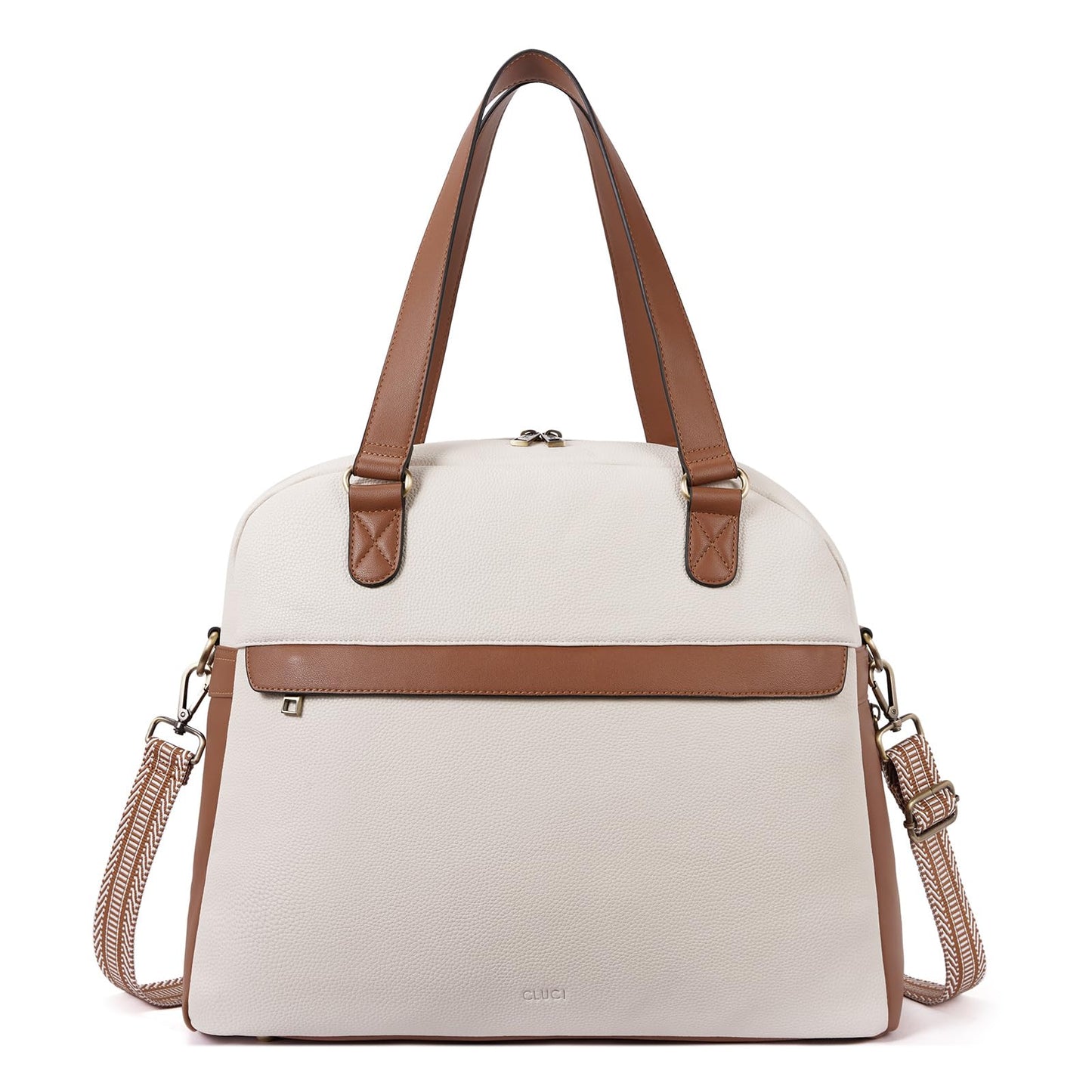 CLUCI Weekender Bag for Women Leather Large Overnight Travel Duffel Bag with Shoe Compartment Beige with Brown