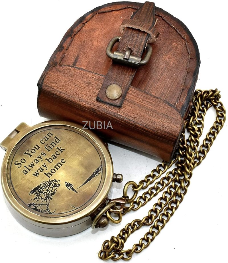 Engraved Brass Pocket Compass with Leather Case – “So You Can Always Find Your Way Back Home” – Vintage Compass for Hiking, Camping, Travel – 2x2x1 Inch