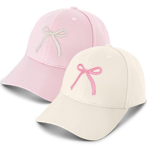 2-Pack Pink & White Bow Hat - Cute Embroidered Bow-tie Baseball Cap for Women Girls, Adjustable Cotton Coquette-Style Dad Hat for Sun Travel Sports Summer