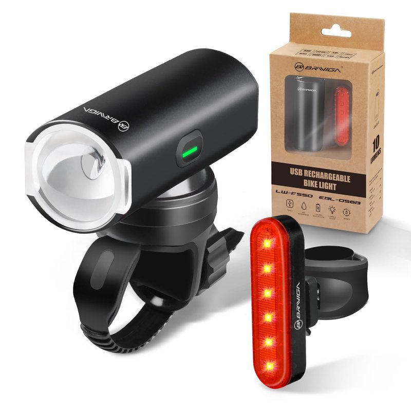 BRIVIGA USB Rechargeable Bike Lights Front and Back, 550 Lumen Alloy LED Bicycle Headlight & Taillight for Night Riding, Waterproof USB Charging Mountain Bike Accessories for Adults & Kids, Easy Mount