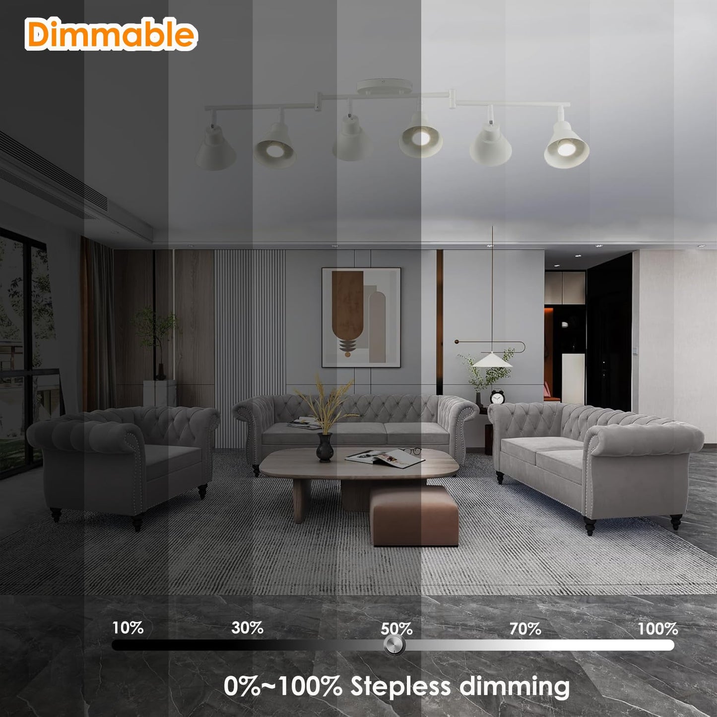 White Dimmable 6 Light Plug in Ceiling Light Fixture,Modern Plug in Track Lighting,16.4ft Cord with Dimming Switch,6 Way Ceiling Spot Lighting,Flexibly Rotatable Light Head，6*LED Spot Bulbs Included