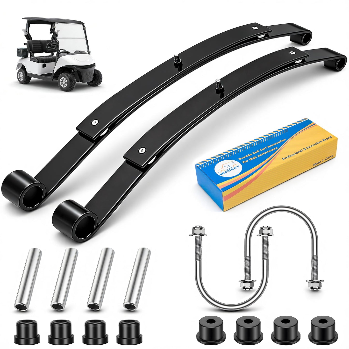 Mixopoly Heavy Duty 2-Leaf Rear Spring Kit Replacement for EZGO RXV 2008-up Golf Cart with Bushings, Sleeves & U-Bolts for Smoother Ride Replace OEM 603498, 604494