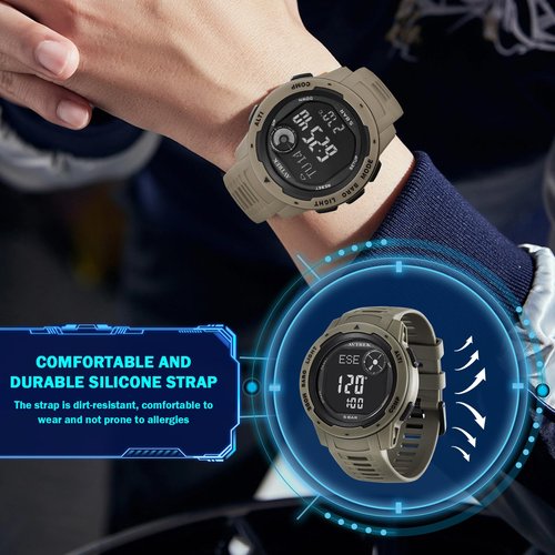 AVTREK Tactical Watch with Compass,50M Waterproof Pedometer, Digital Altimeter Watch for Outdoor Hiking/Climbing(Cafe)
