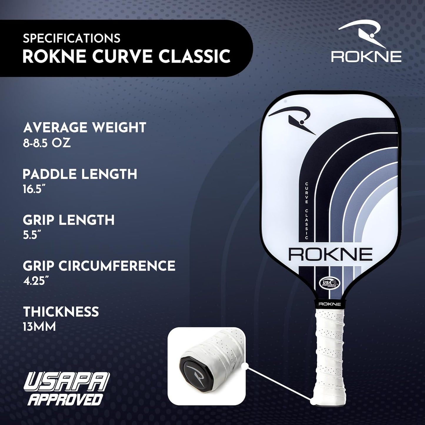 ROKNE Curve Classic Pickleball Paddle - USAPA Approved Fiberglass Design | Precision Engineering for Maximum Spin & Comfort