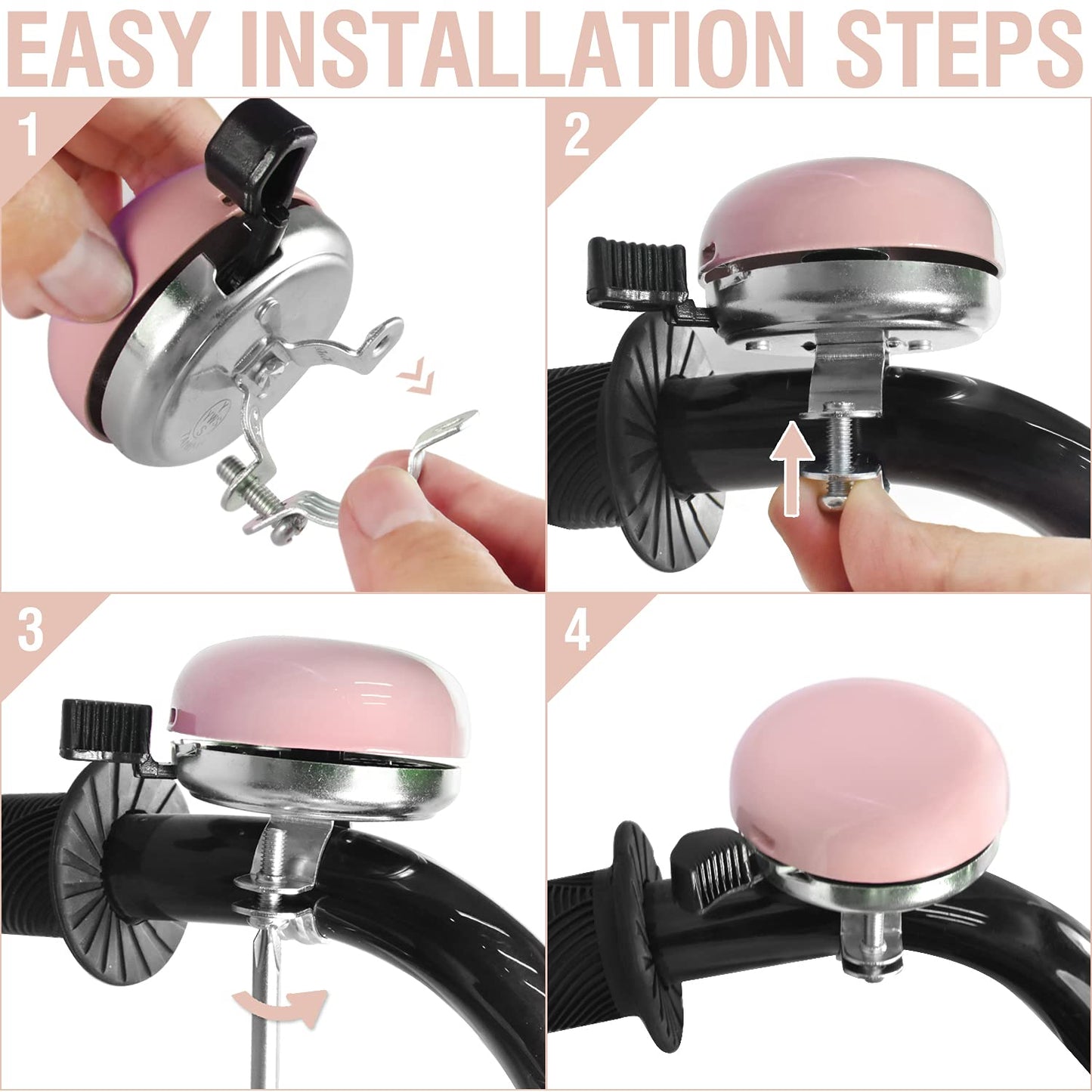 MARQUE Beach Cruiser Bike Bell – Classic Bicycle Bell Design for Adults and Kids with Traditional Ring Sound (Pink)